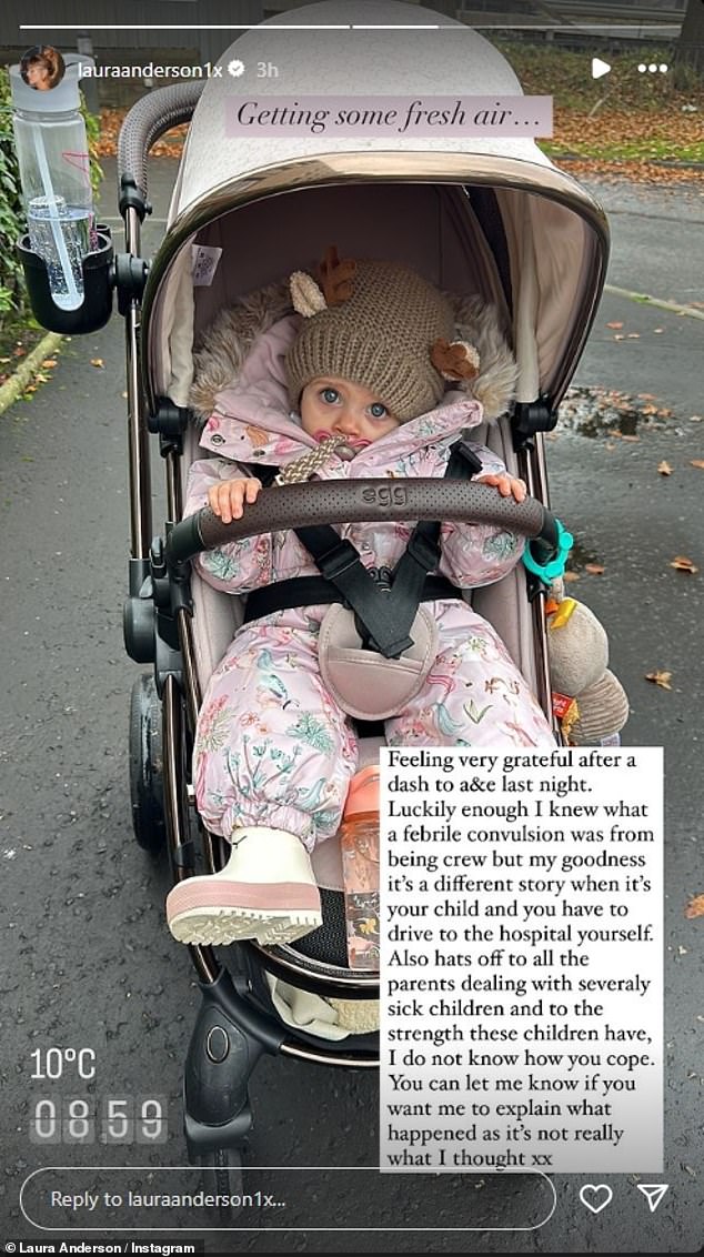 The former Love Island star, 35 - who shares her baby daughter with soap star ex Gary Lucy, 42, took to Instagram on Monday to share that Bonnie [pictured] suffered from febrile convulsions