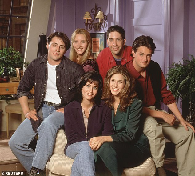 LeBlanc on set with fellow Friends stars (clockwise) Lisa Kudrow, David Schwimmer, Perry, Jennifer Aniston and Courteney Cox