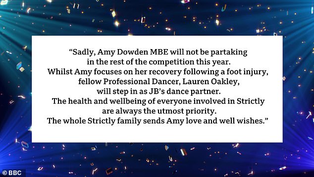 A spokesperson for Strictly Come Dancing said: 'Unfortunately Amy Dowden MBE will not be taking part in the remainder of the competition this year'