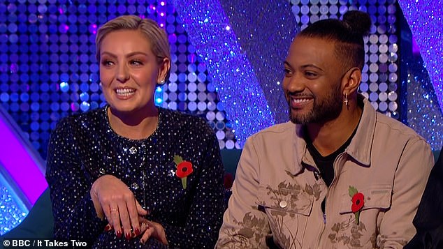 Amy seemed in good spirits as she chatted with presenter Janette Manrara and looked glamorous in a glitzy blue two-piece suit