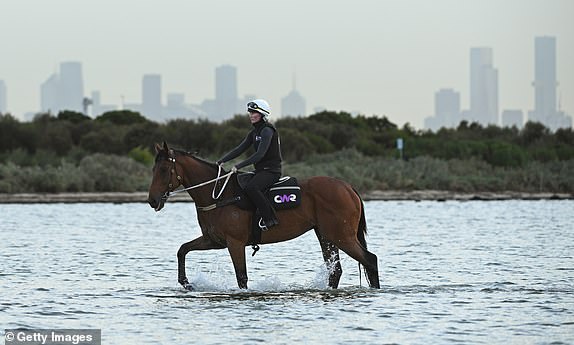 ALTONA NORTH, AUSTRALIA – NOVEMBER 04: Melbourne Cup favourite, Buckaroo ridden by Courtney Foale is seen during beach session at Altona Beach on November 4, 2024 in Altona North, Australia. (Photo by Vince Caligiuri/Getty Images)