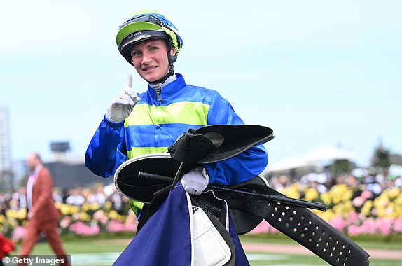 MELBOURNE, AUSTRALIA – NOVEMBER 02: Jamie Kah riding Another Wil after winning Race 4, the The Damien Oliver - Betting Odds during Penfolds Victoria Derby Day 2024 at Flemington Racecourse on November 2, 2024 in Melbourne, Australia. (Photo by Vince Caligiuri/Getty Images)