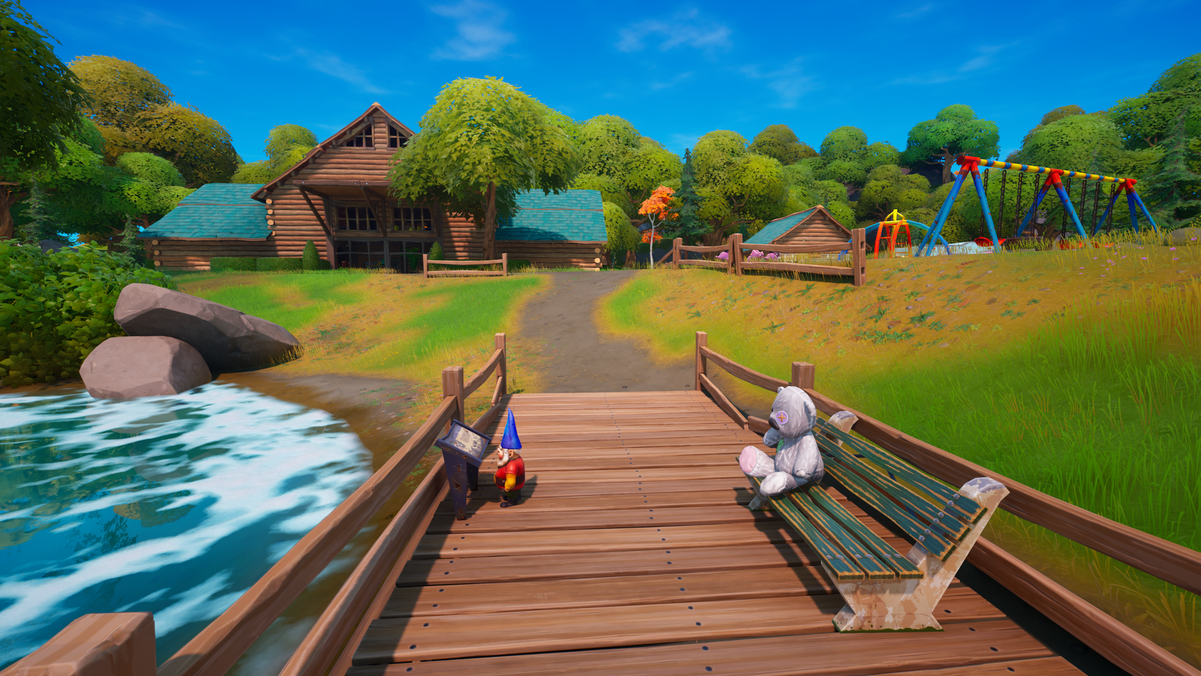 A gnome sits on a dock in Fortnite Remix