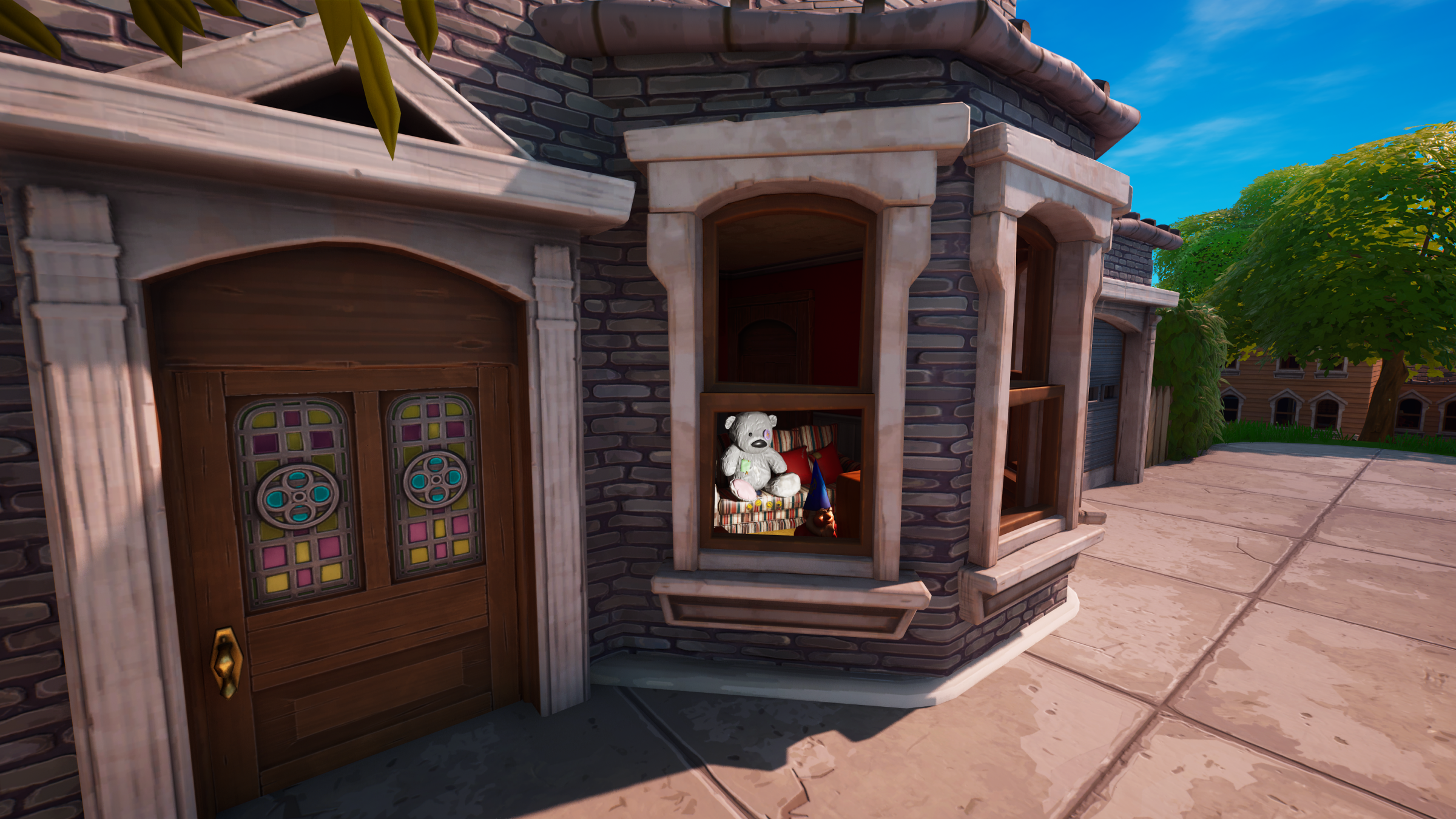 A gnome stands by a window in Fortnite Remix