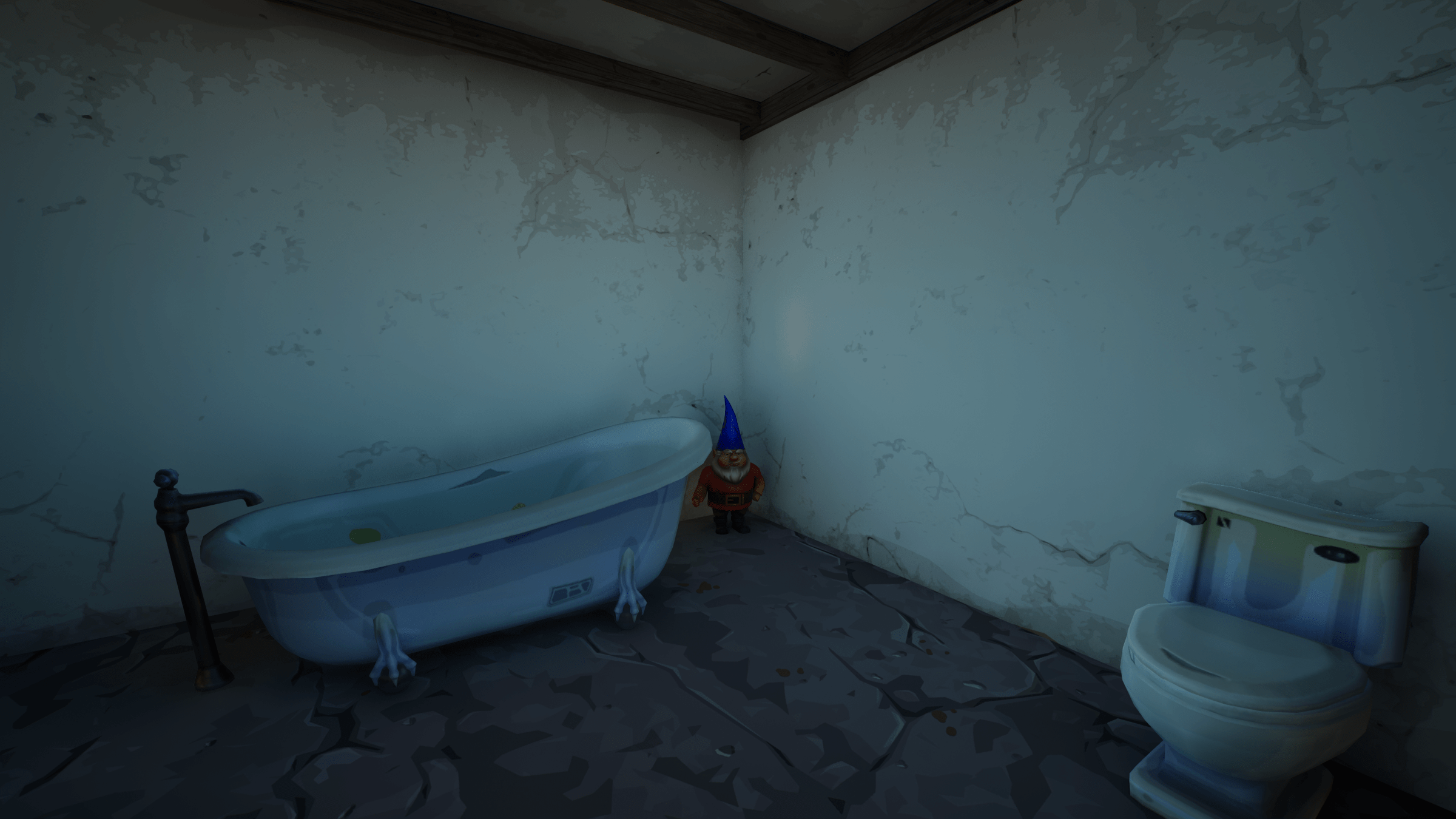 A gnome stands by a bathtub in Fortnite Remix