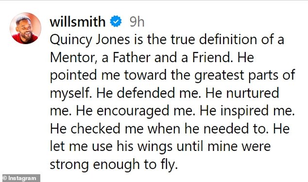 He wrote in the caption, “Quincy Jones is the true definition of a mentor, a father and a friend. He pointed out the greatest parts of myself.”