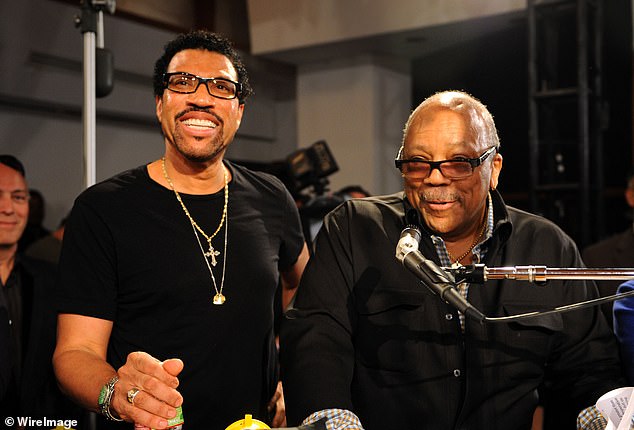 Lionel Richie and Quincy Jones during the 'We Are The World 25 Years for Haiti' recording session at Jim Henson Studios in Hollywood in February 2010