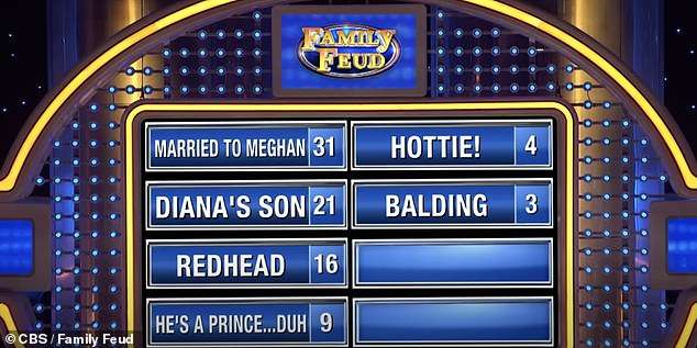 Pictured: The six most common things Americans know about Prince Harry, according to a survey by Family Feud