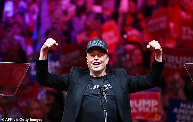 Elon Musk, CEO of Tesla and SpaceX, gestures as he takes the stage during a rally for former US president and Republican presidential candidate Donald Trump at Madison Square Garden in New York, October 27, 2024