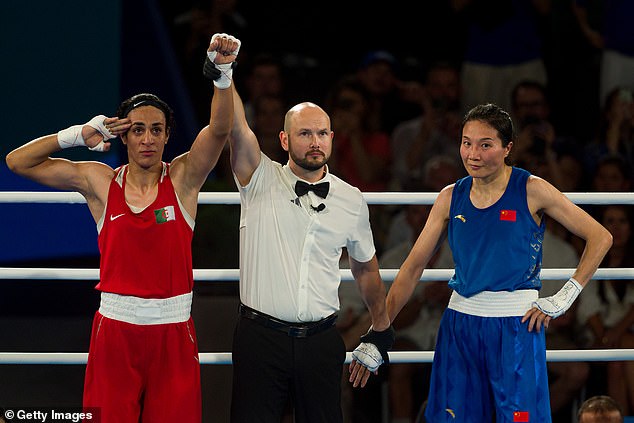 Khelif defeated Chinese boxer Yang Liu (right) by unanimous decision to win gold at the Olympic Games