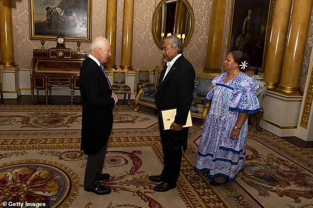 Georges Maniuri from Vanatu presents his credentials to the King at Buckingham Palace today