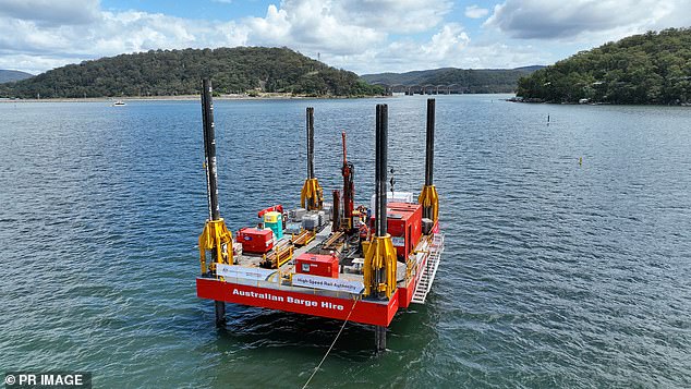 Two rigs (pictured) were set up on the Hawkesbury River and at Brisbane Water in Gosford on Monday, with plans to drill six boreholes to a depth of 140 metres.