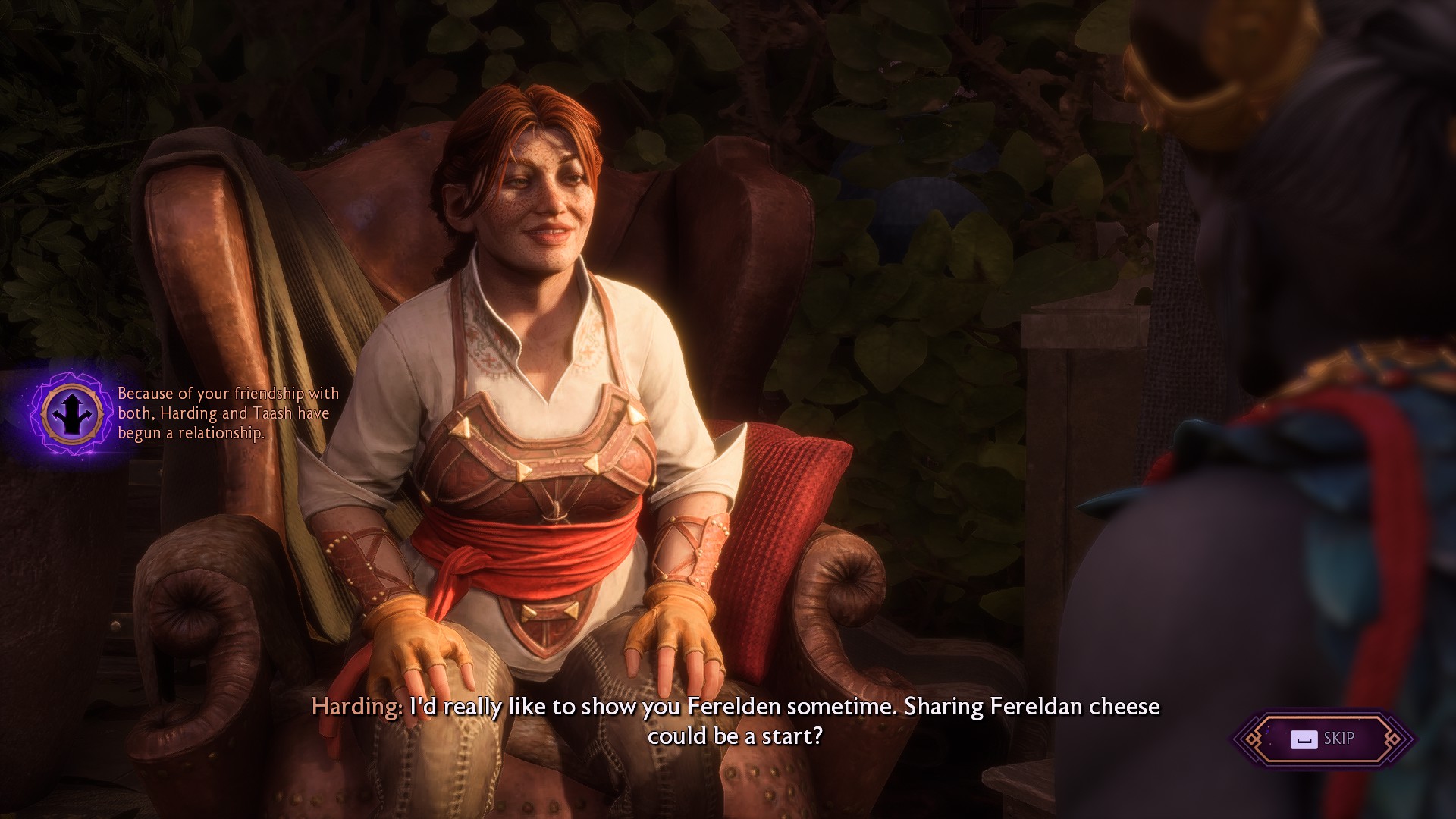 Harding, a red-haired dwarf, smiles in Dragon Age: The Veilguard. Through on-screen text, she invites a character to her home country to eat cheese and it is confirmed that they begin a relationship.