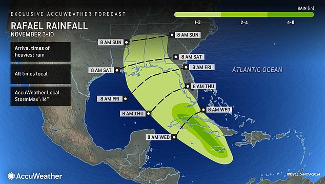 The southernmost states are expected to experience up to two inches of rain and high tides of one to two feet