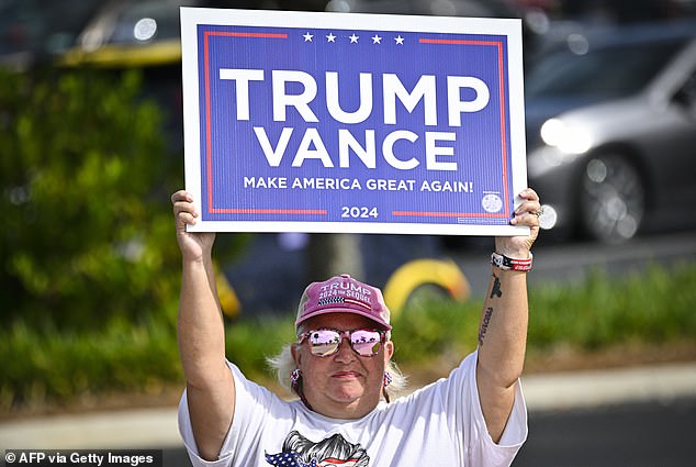 A Trump supporter holds a sign on Election Day