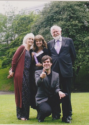 Mrs Cameron – pictured with her children and husband Jim on her daughter's graduation day – did not realize her case was unusual until she was 65