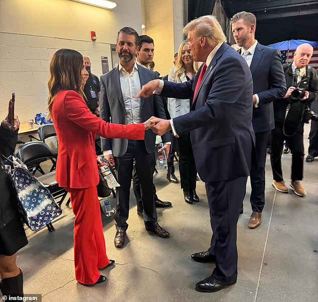 Danica Patrick wore a red pantsuit as she met the former president, two of his sons – Eric and Donald Trump Jr. – and met daughter Tiffany Trump backstage at his rally