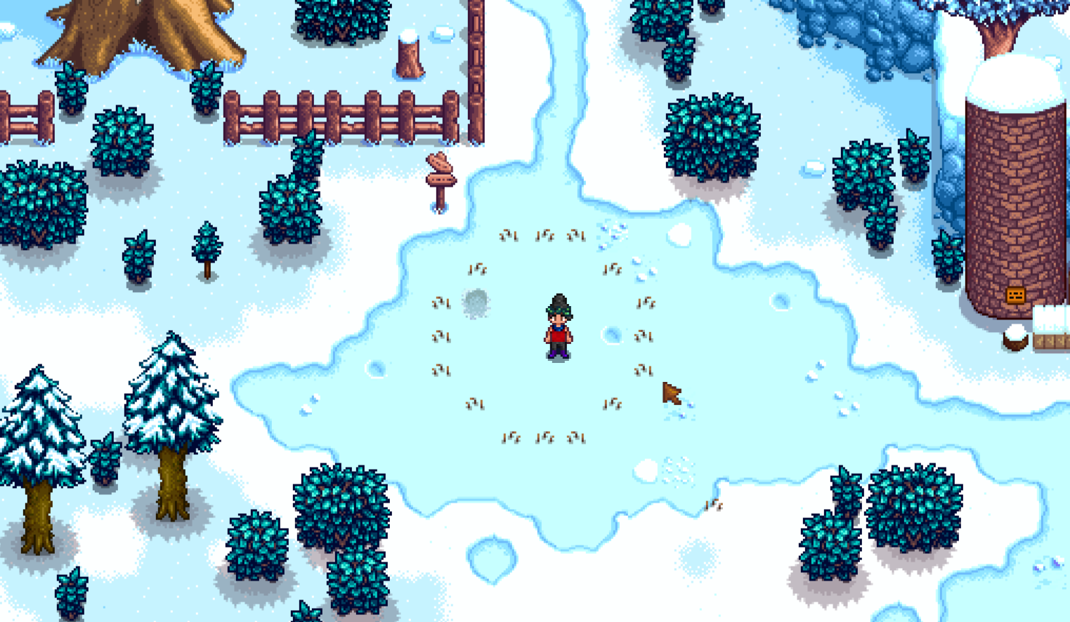 A farmer from Stardew Valley stands in a circle of artifact spots.