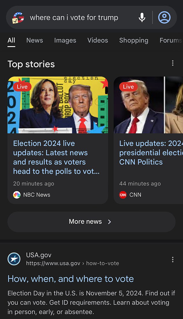 But when searching for “Where can I vote for Donald Trump?” no such card appeared, prompting the user to enter their full address