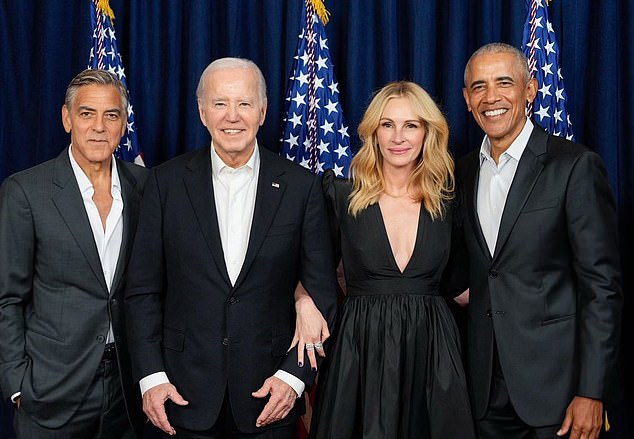 Roberts has historically been vocal about her Democratic politics, having previously supported Barack Obama and Joe Biden for president; (L-R) George Clooney, President Biden, Julia and former President Barack Obama pictured in June 2024