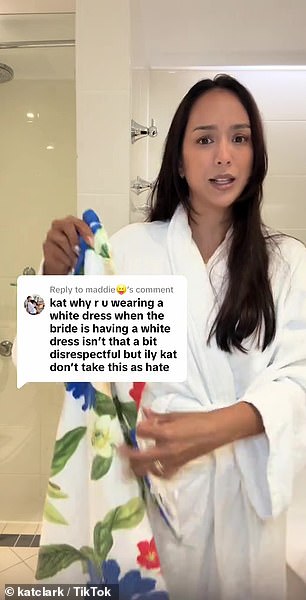 In her TikTok video, Kat asked her followers to share their thoughts on the etiquette of wearing white to a wedding – a tradition that is often frowned upon in many cultures.