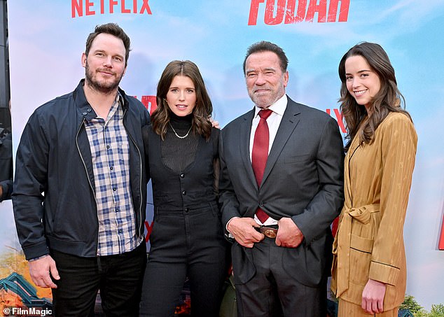 (L-R) Pratt, Katherine Schwarzenegger, Arnold Schwarzenegger and Christina Schwarzenegger attended the LA debut of Netflix's FUBAR in May 2023