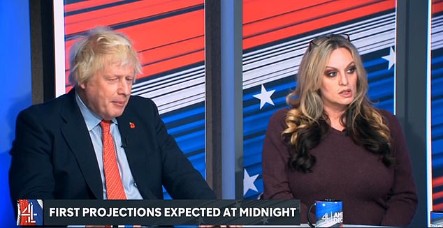 Stormy Daniels, the 45-year-old adult film star (pictured with Boris Johnson) opened up on Channel 4's special US election program about her concerns about how Trump's supporters have been behaving since she became publicly linked to the former president.