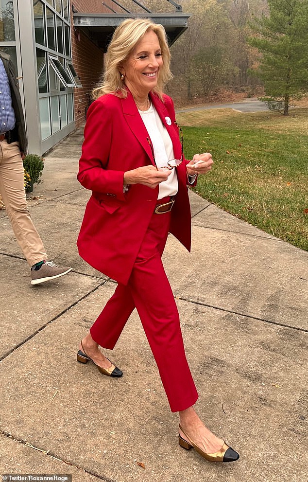 Jill left many social media users scratching their heads when she wore a bright red pantsuit – despite red being the color of Republicans – as she headed to the polls to vote on Tuesday