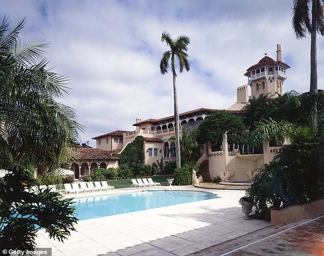 An exterior view of the swimming pool at 'Mar a Lago' owned by businessman Donald Trump circa 2000 in Palm Beach, Florida