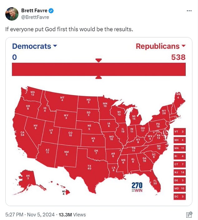 Favre's message about the US electoral map shows Republicans winning every state