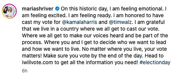 “I'm honored to cast my vote for @kamalaharris and @timwalz. I'm grateful that we live in a country where we can all cast our vote,