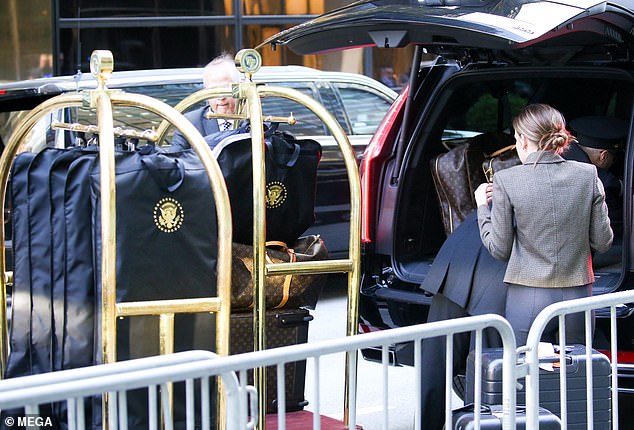 The family was spotted on Sunday carrying a ton of Louis Vuitton brand luggage and garment bags with the presidential emblem as they departed from Trump Tower.