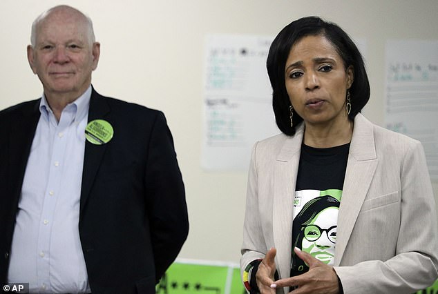 Prince George's County Executive Angela Alsobrooks (right) campaigns for the seat of retiring U.S. Senator Ben Cardin (left) during an event in Upper Marlboro, Maryland on October 24, 2024