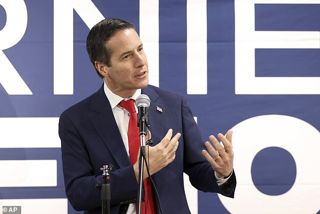 GOP businessman Bernie Moreno speaks during a bus tour stop in Columbus on Oct. 28