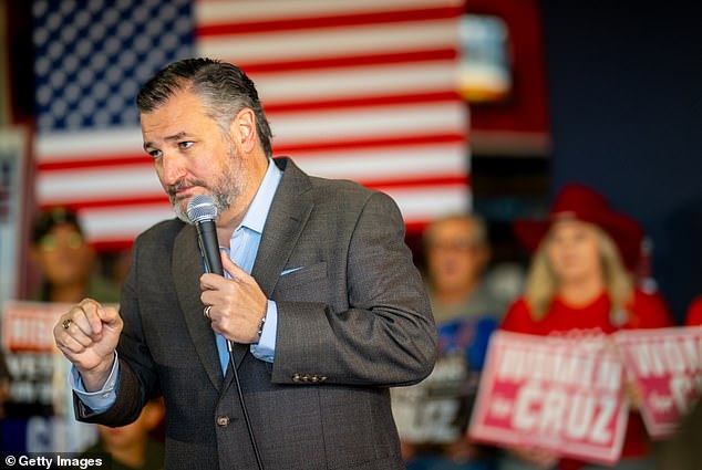 Ted Cruz speaks at a campaign rally for a bus tour. Cruz held a 2-point lead with a week to go against Democratic Senate candidate Colin Allred