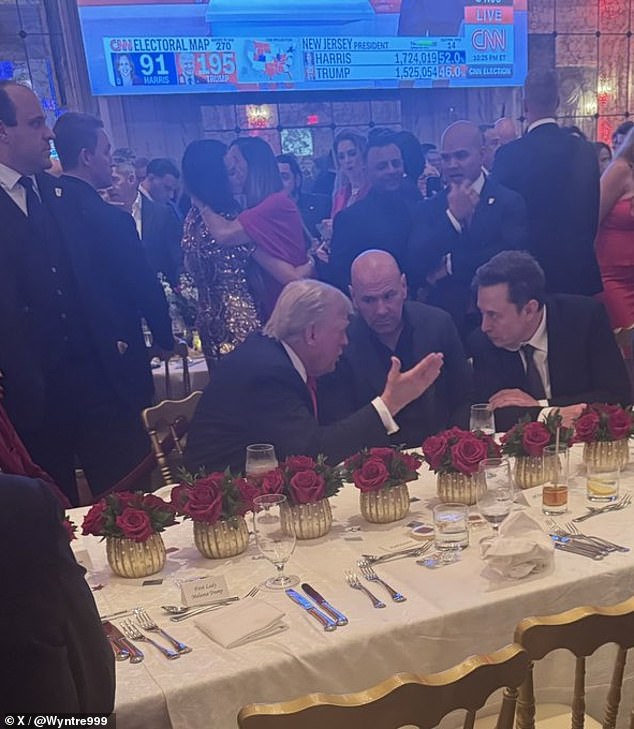 A photo taken at the event showed Trump in a serious conversation with Elon Musk (right) and another co-owner of the US Ultimate Fighting Championship, Dana White (center)