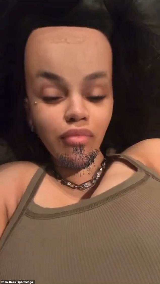 Cardi used a face-distorting filter and disguised herself with a big forehead and a goatee