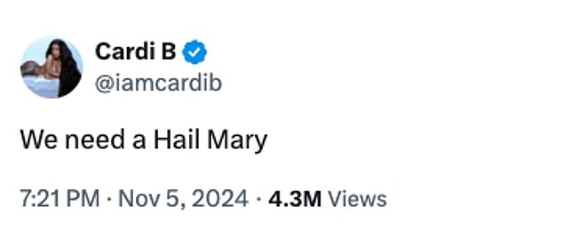 Cardi also addressed X with a simple message: 