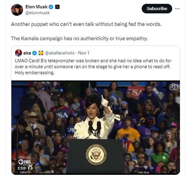 Musk, a Trump supporter, wrote on The Kamala campaign has no authenticity or real empathy'