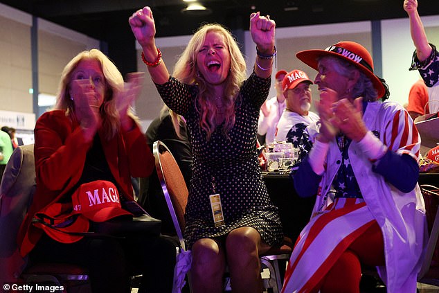 Ecstatic Trump supporters clap and cheer as they watch the returns roll in during the viewing party in West Palm Beach