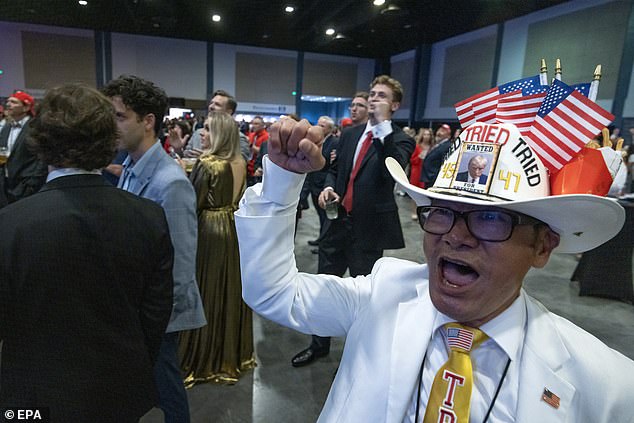 Supporters of former US President and Republican presidential candidate Donald Trump await the results of the 2024 US presidential election during the Election Night Watch party at the West Palm Beach Convention Center