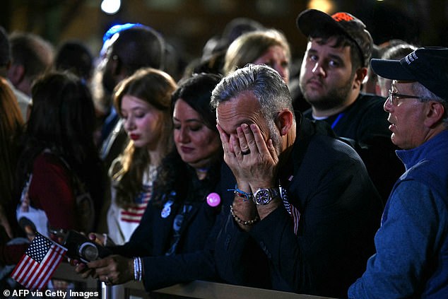 Supporters react to the election results during an election night event for U.S. Vice President Kamala Harris