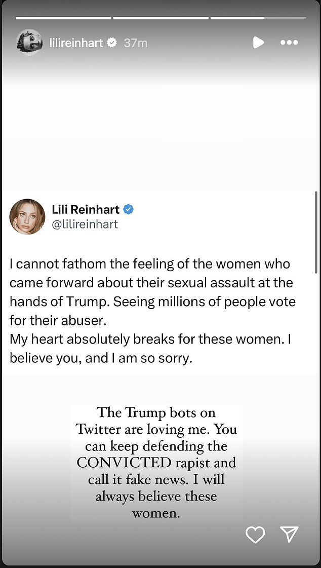 “The Trump bots on Twitter love me. You can continue to defend the CONVICTED rapist and call it fake news,” Reinhart wrote. 'I will always believe these women'