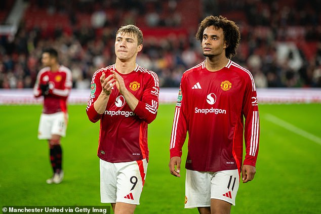 Meanwhile, United strikers Rasmus Hojlund (left) and Joshua Zirkzee (right) are struggling