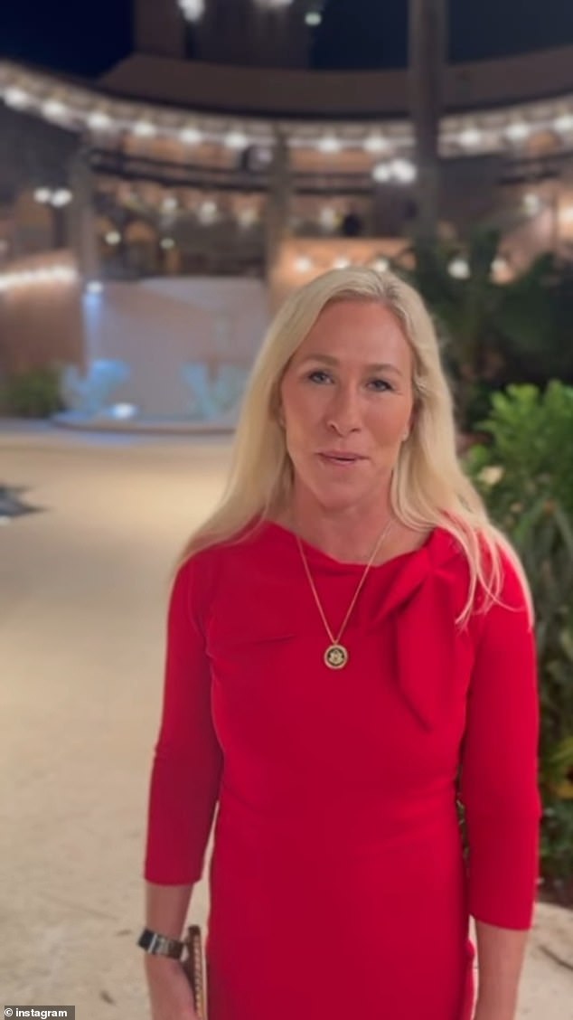 Marjorie Taylor Greene poses outside Mar-a-Lago at Trump's victory party