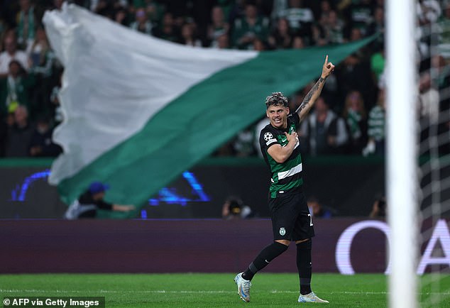 Sporting stunned Manchester City with two quick goals in three minutes to take control, the first of which was scored by Uruguayan midfielder Maximiliano Araujo (above) in the 46th minute.