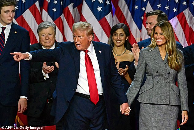 Melania Trump smiled as she held her husband Donald's hand during his election watch party