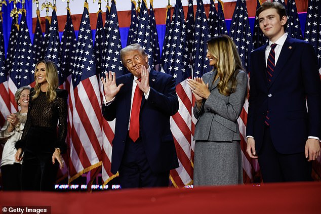 Melania, standing next to her husband and son Barron, cheers as her husband celebrates his election victory