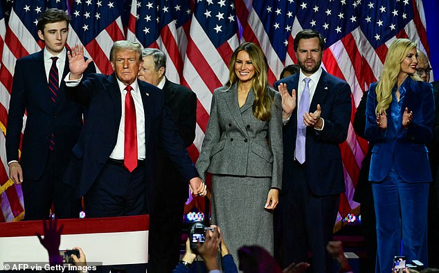 Donald Trump, Melania Trump, Barron Trump, Viktor Knavs, JD Vance and Ivanka Trump are pictured together at the election night watch party in Palm Beach, Florida