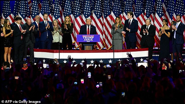 Donald Trump declares victory in the US elections, supported by family members on the stage at Mar-a-Lago. His daughter Kai, 17, is seen on the left